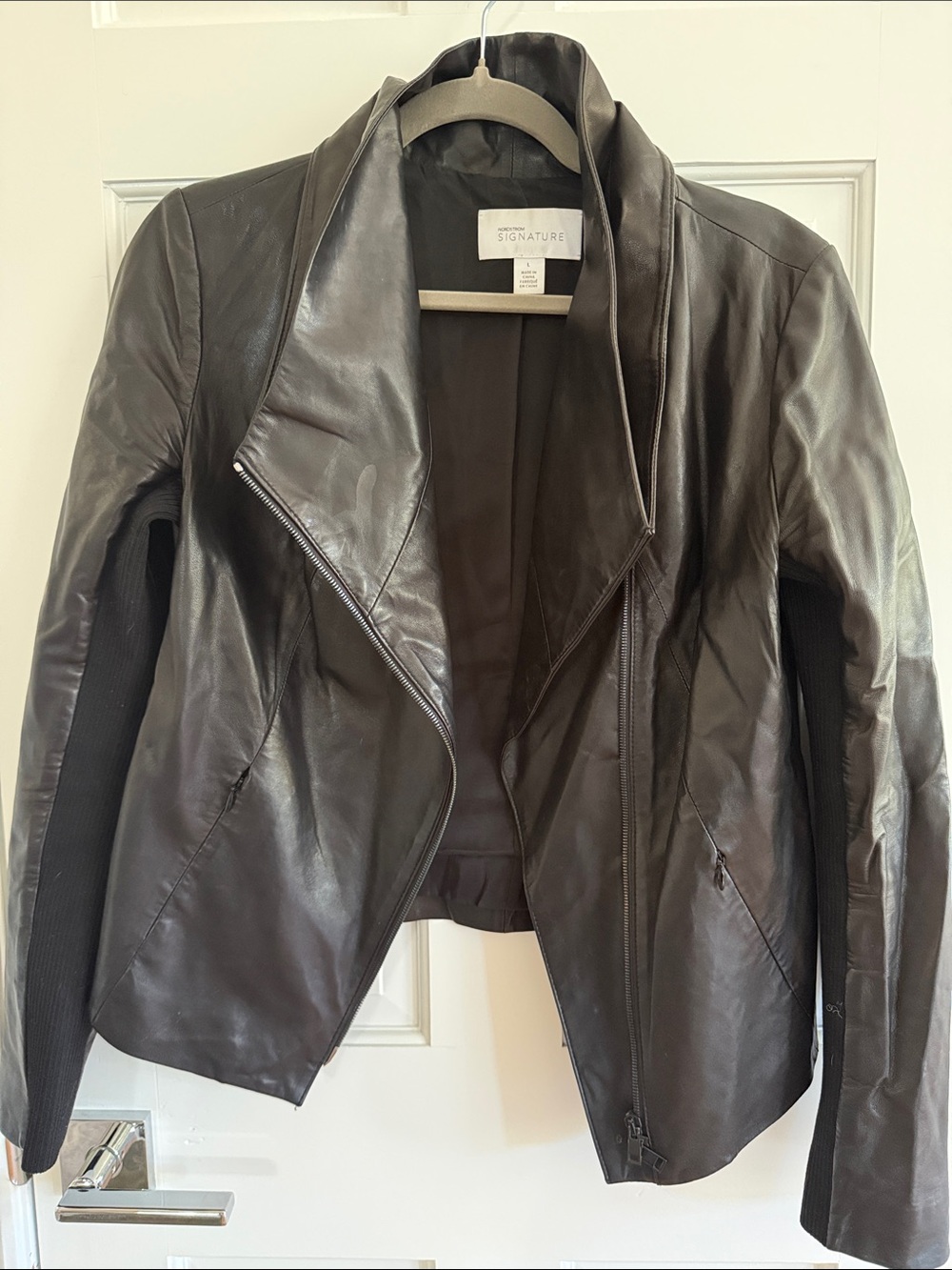 Signature Black Leather Asymmetrical Drape Jacket